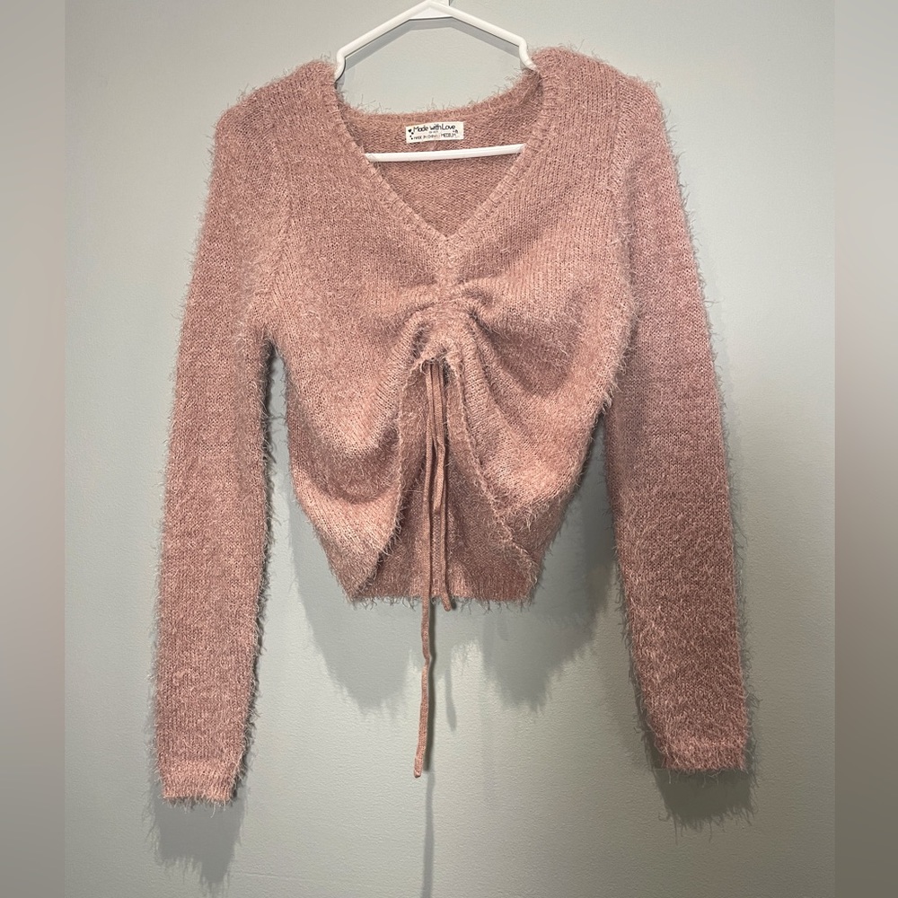 Fuzzy Pink V-Neck Sweater - Picture 1 of 4